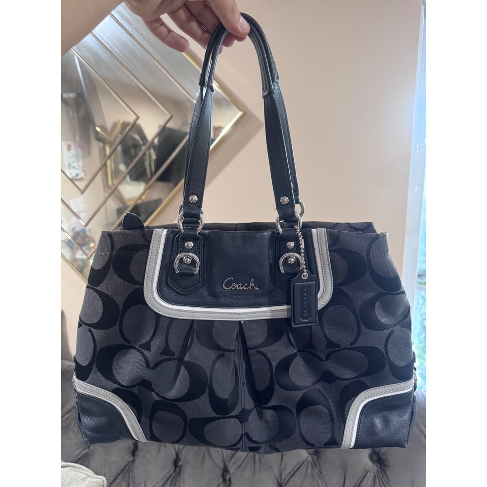 Coach Black Grey Signature C Jacquard Leather Trim Tote Bag F17446
